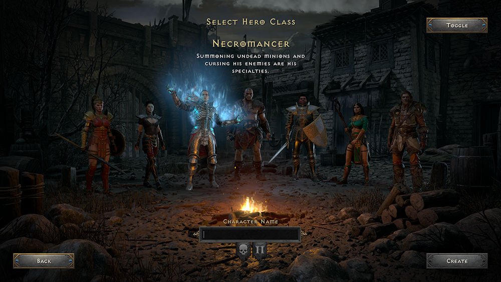 The Necromancer class in the character selection screen of Diablo 2: Resurrected