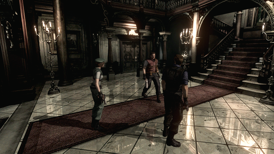 Three characters in the entrance hall of Spencer Mansion