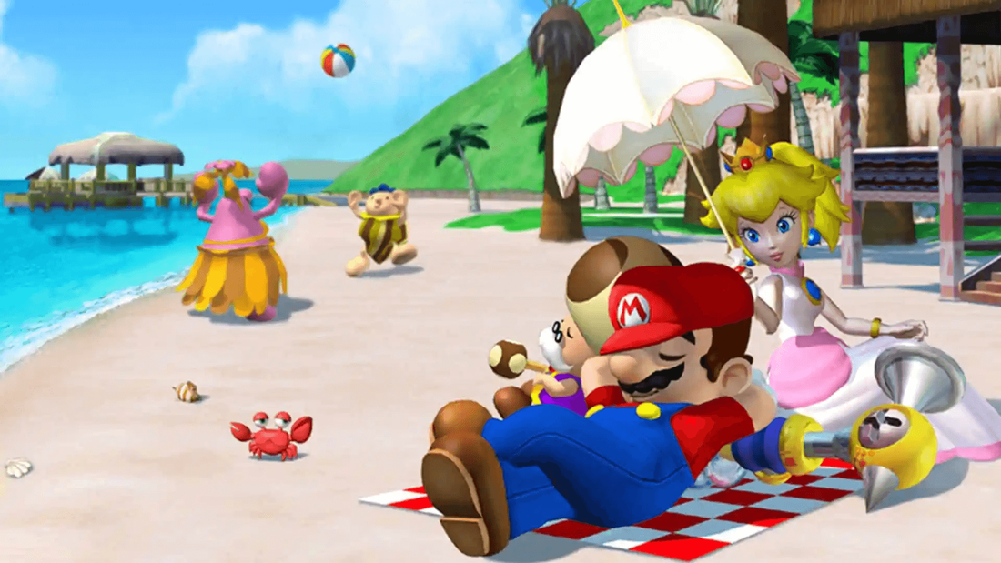 Mario asleep on the beach in Super Mario Sunshine