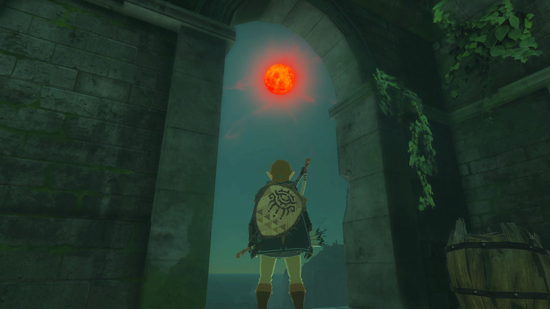 Link from The Legend of Zelda Tears of the Kingdom under a blood moon