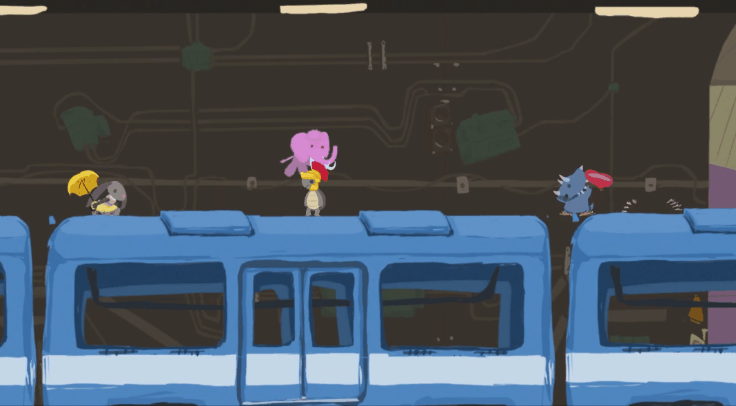 An animated GIF of animals jumping of a metro train