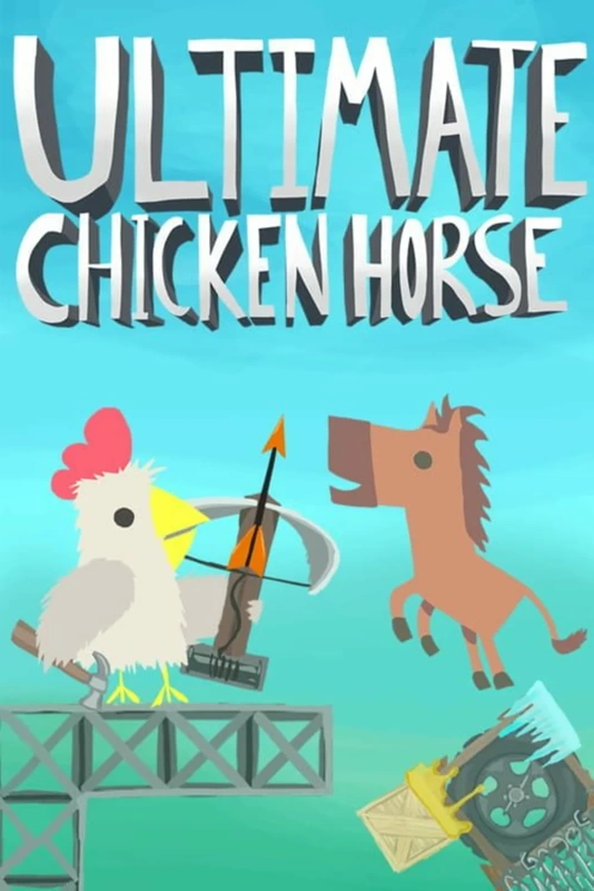 Ultimate Chicken Horse box, a chicken with a crossbow and a horse jumping