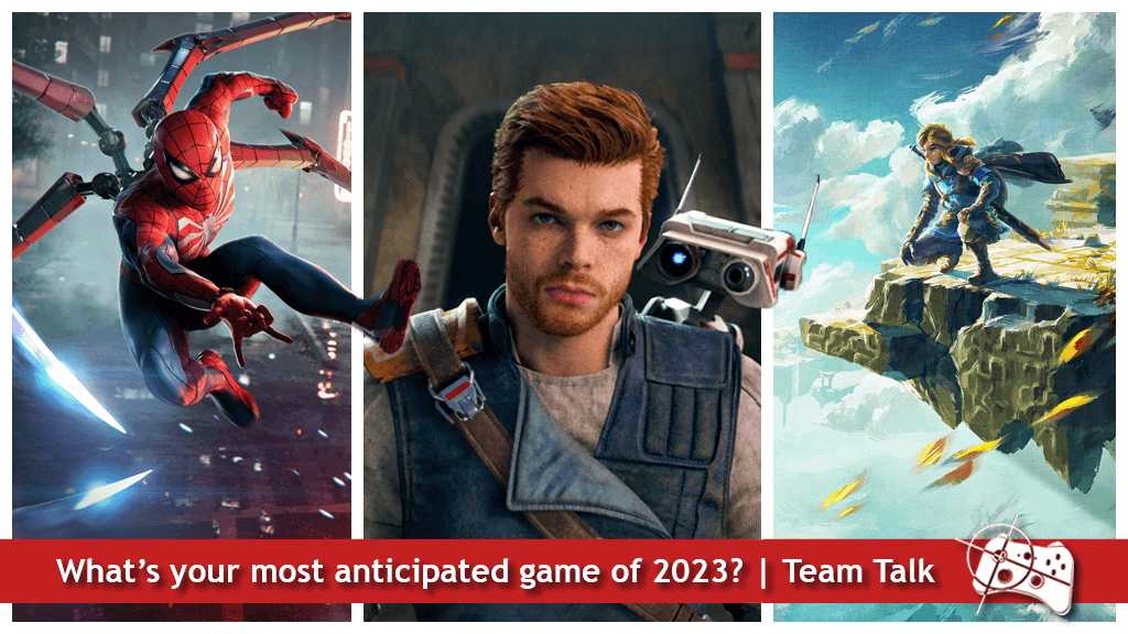 Text: What's your most anticipated game of 2023? Team Talk - three characters from games, Spider-Man, Cal Kestis and Link