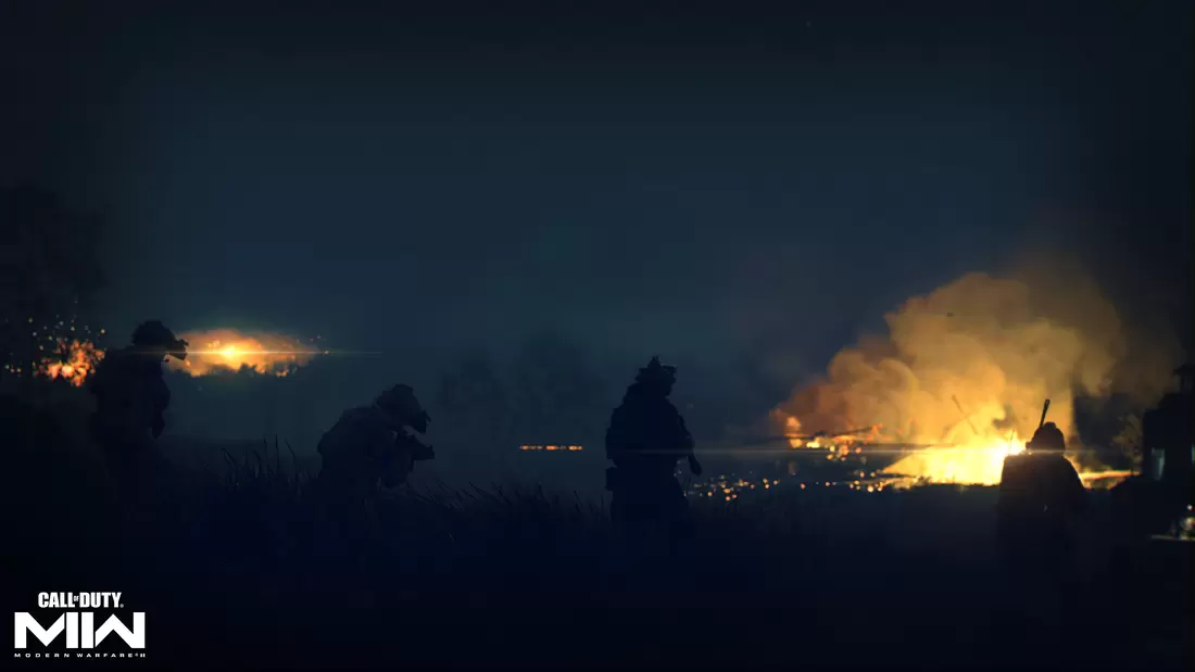 Soldiers moving through a field at night, Modern Warfare 2