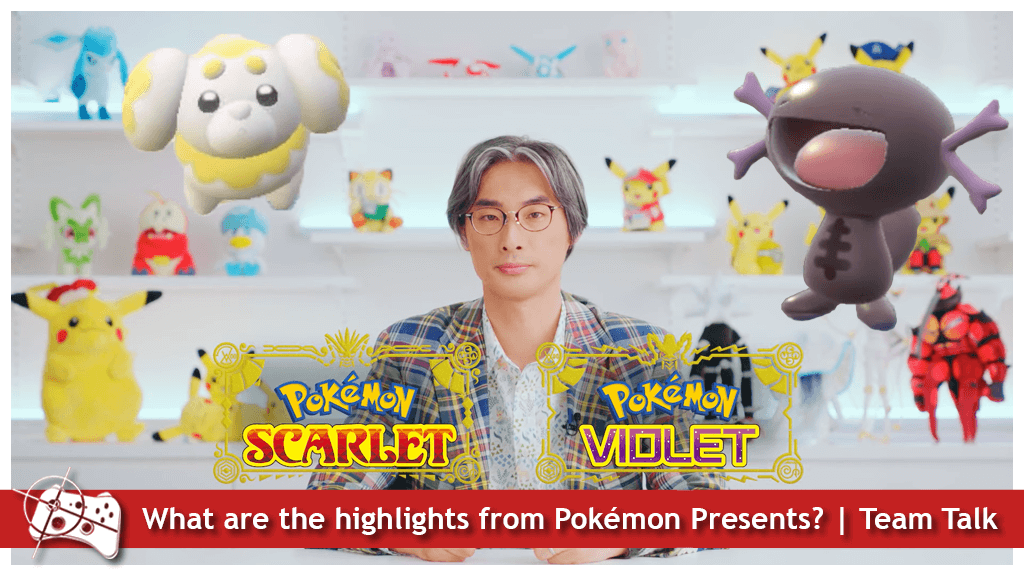 What are the highlights from Pokémon Presents? Team Talk and Pokemon Scarlet and Violet logos, and lots of pokémon