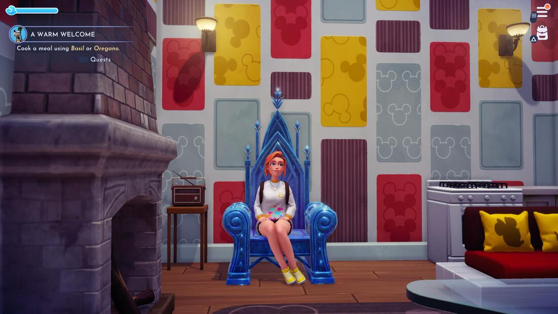 Player sits on a blue throne inspired by Frozen