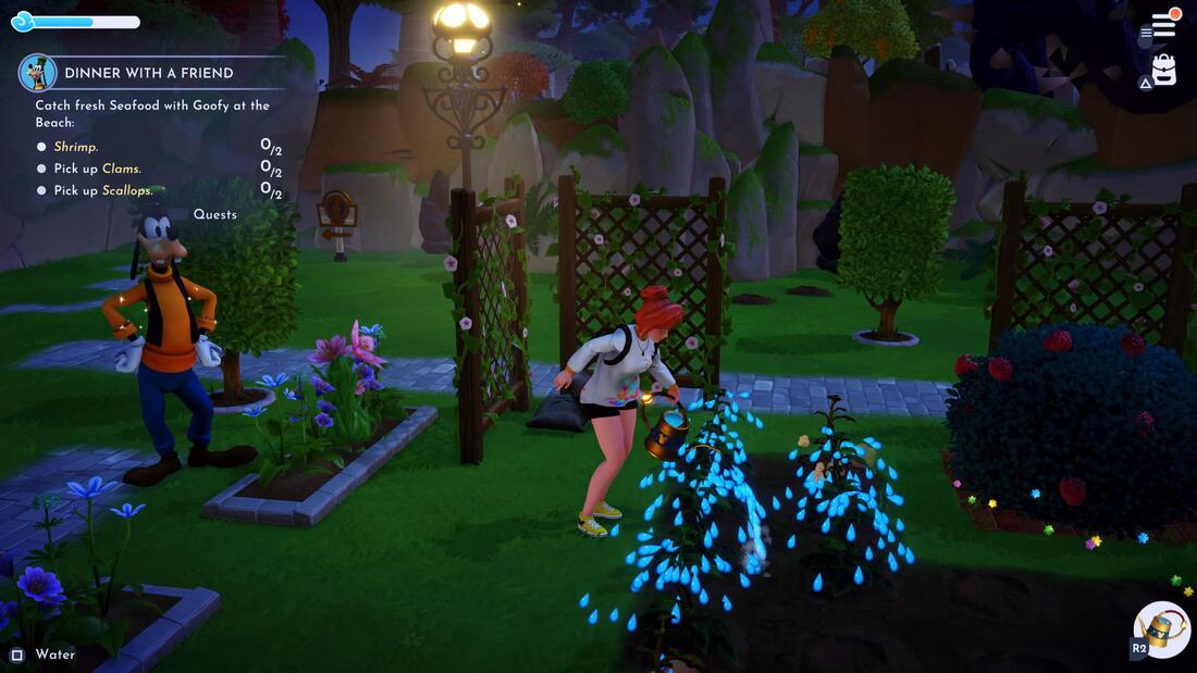 Player watering flowers while Goofy watches like a creep