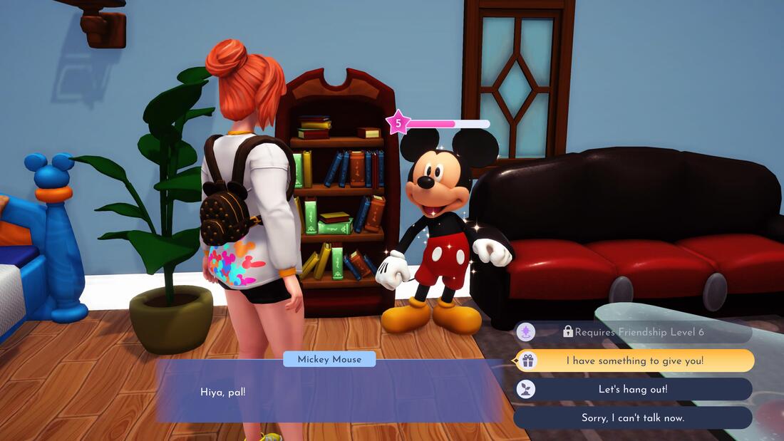 Player talking to Mickey Mouse who says hiya pal!