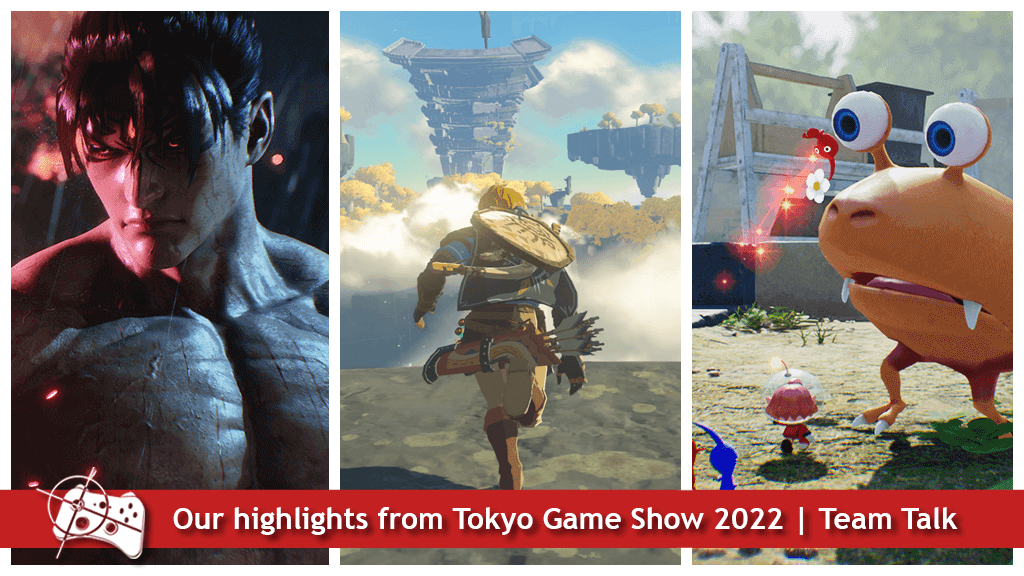 Our highlights from Tokyo Game Show 2022 - Team Talk - Three gaming characters separated by two white lines into vertical thirds. A Tekken character, Link from The Legend of Zelda and a Pikmin being thrown at an enemy respectively.