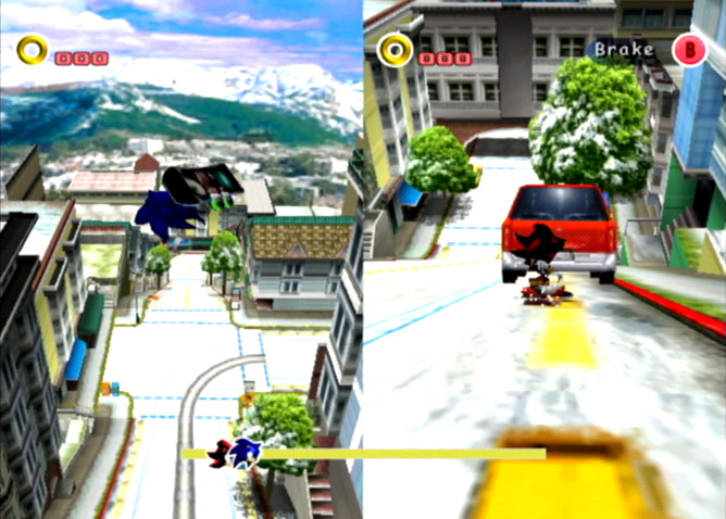 Sonic and Shadow snowboard down a road, just because