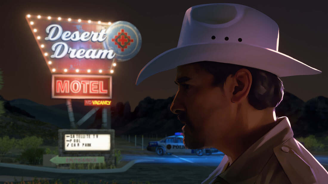 Dante in As Dusk Falls at sign that says Desert Dream Motel