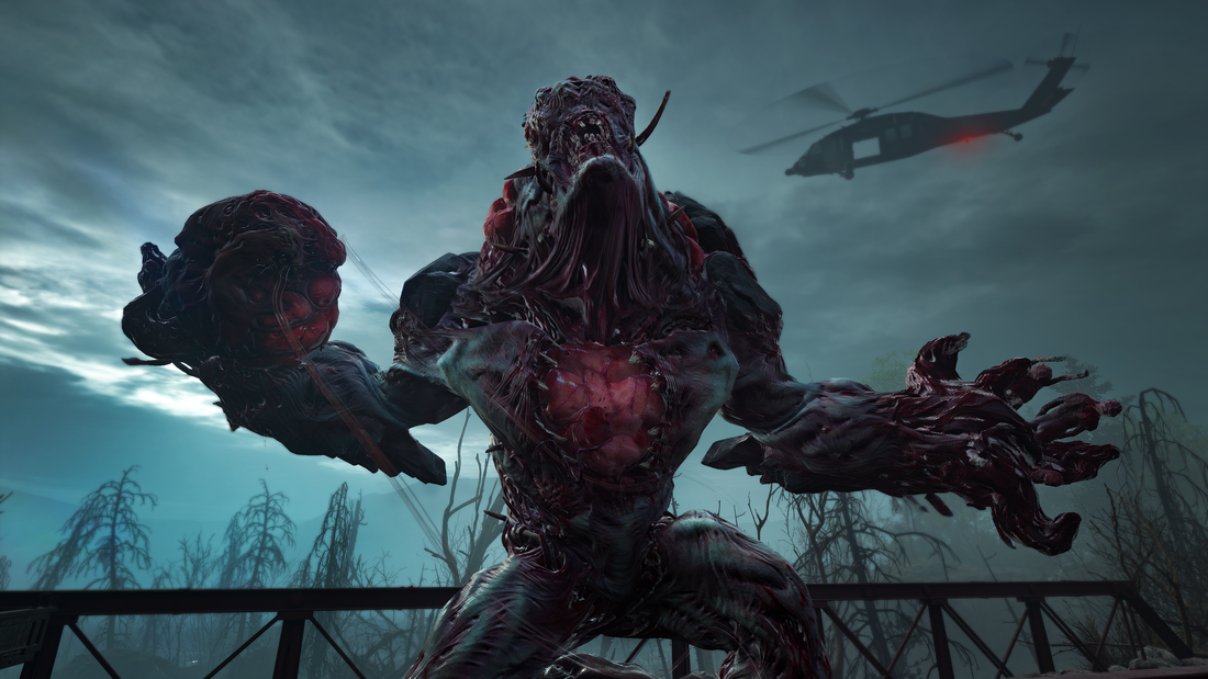 A huge Ogre special infected poses for the camera as a helicopter flies overhead