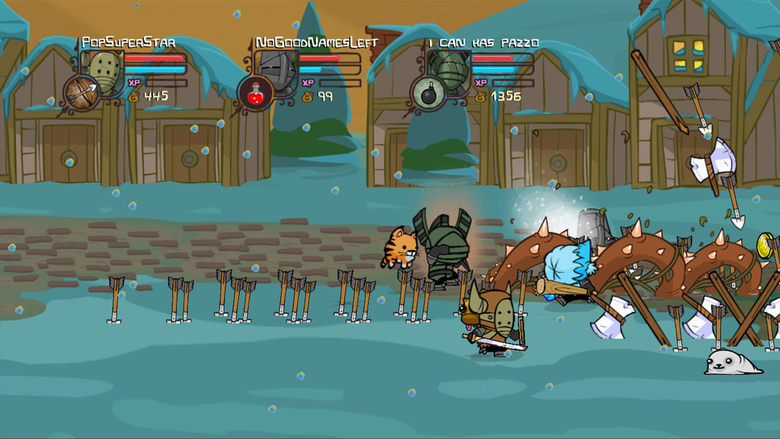 Castle Crashers characters fighting amid lots of arrows