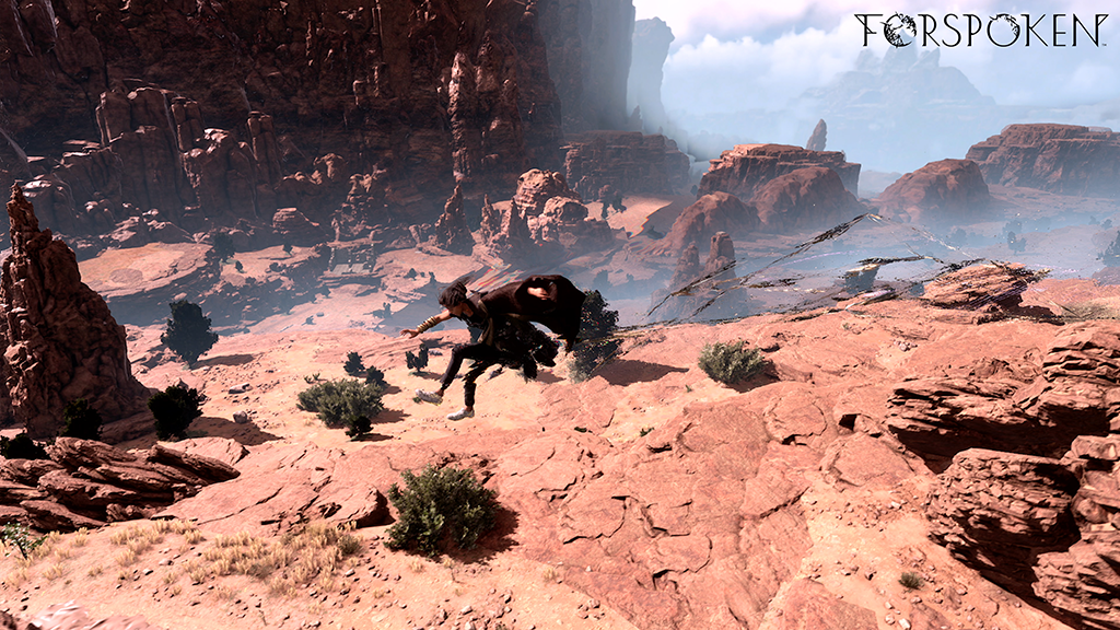 Frey flying through rocky desert