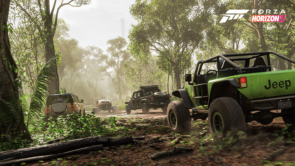 Four green Jeeps explore the forest