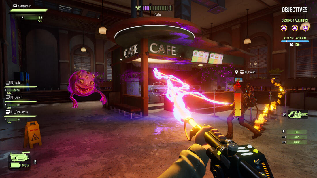 Proton packs firing and a ghost in a café - Ghostbusters: Spirits Unleashed