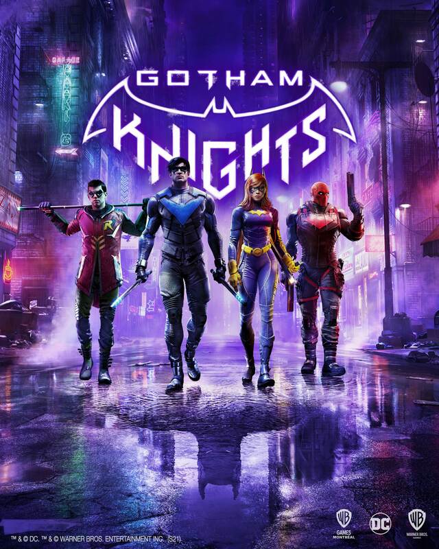 Gotham Knights box art with four heroes walking towards the camera