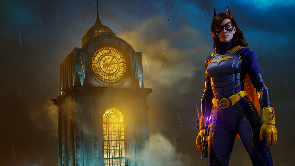Batgirl in yellow and purple stands next to a clock tower