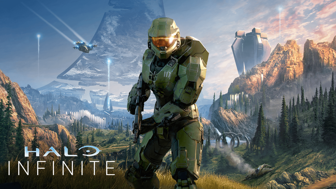 Master Chief standing on a planet with a Halo ring behind in Halo Infinite