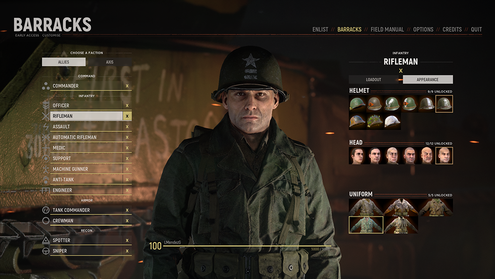 List of the classes in the game with a soldier standing by