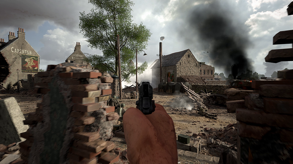 Soldier holds a gun in first person in a destroyed town