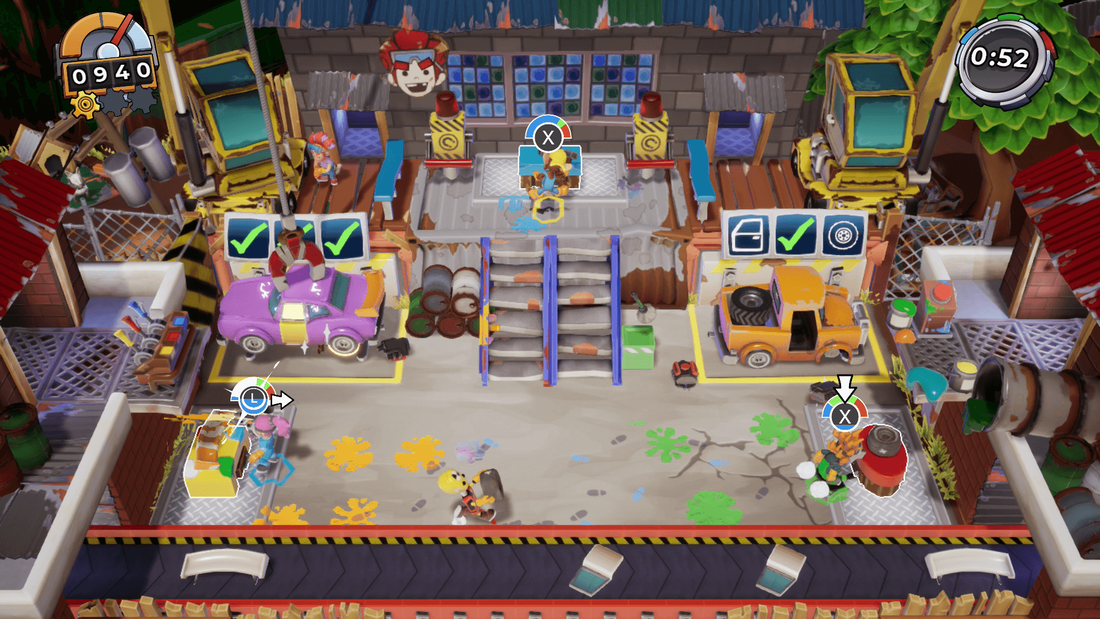 Dual garage level in Manic Mechanics featuring cars and a conveyor belt