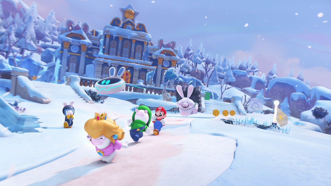 Rabbid Peach, Rabbid Luigi and Mario run through an icy overworld