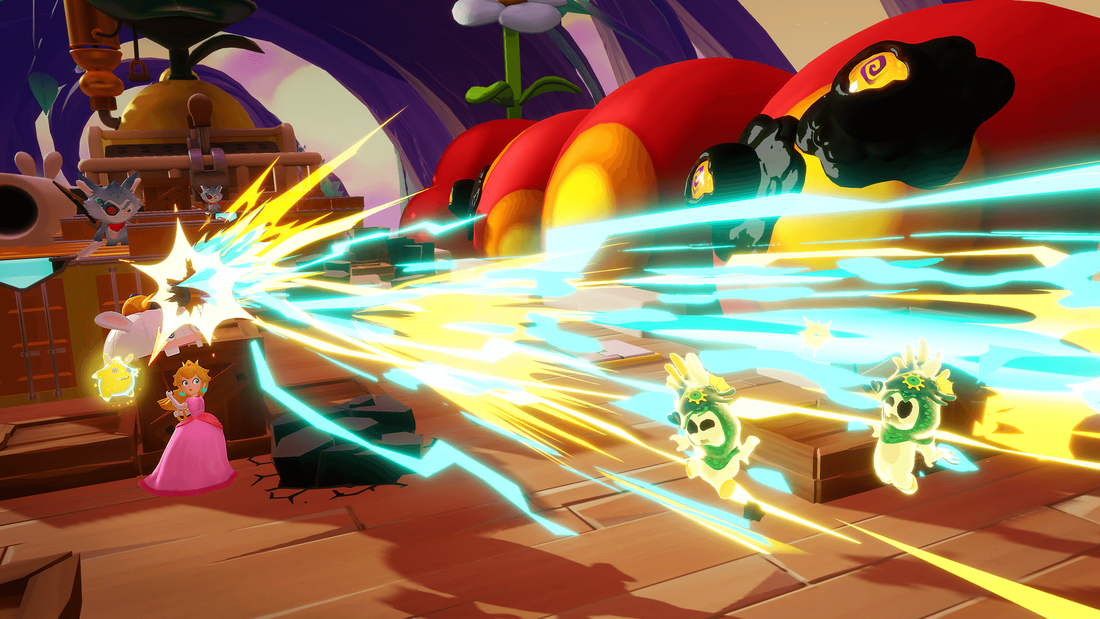 Peach takes out a bunch of enemies with a flash of yellow-green lightning from her boom-brella