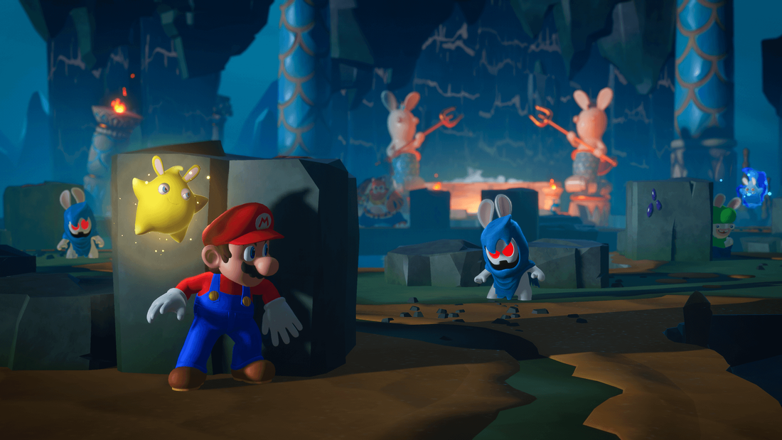 Mario and a Spark hide behind a wall from a red-eyed enemy