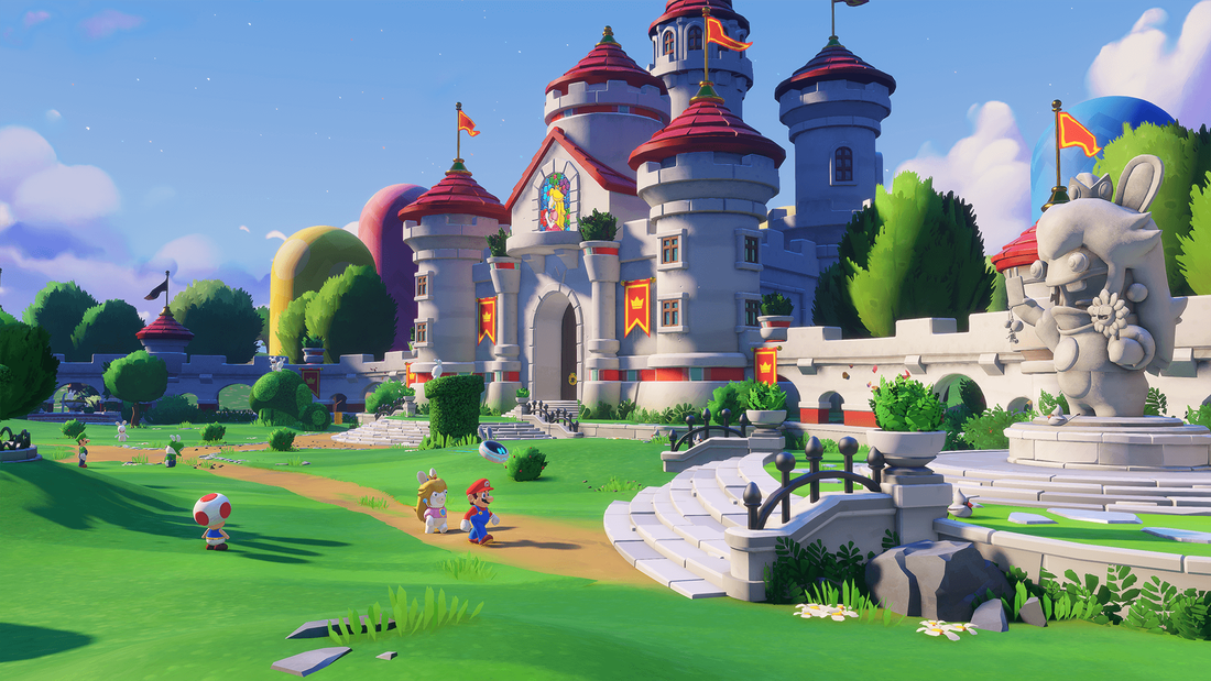 Peach's palace in the Mushroom Kingdom with Rabbids and a statue