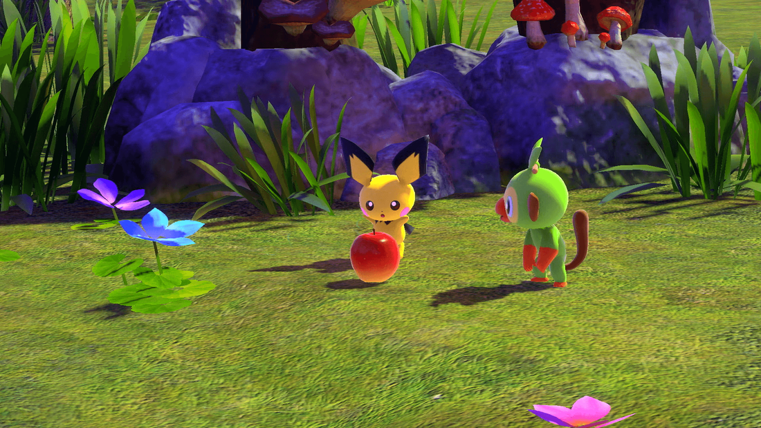 Pichu and Grookey in New Pokémon snap. Pichu has an apple.