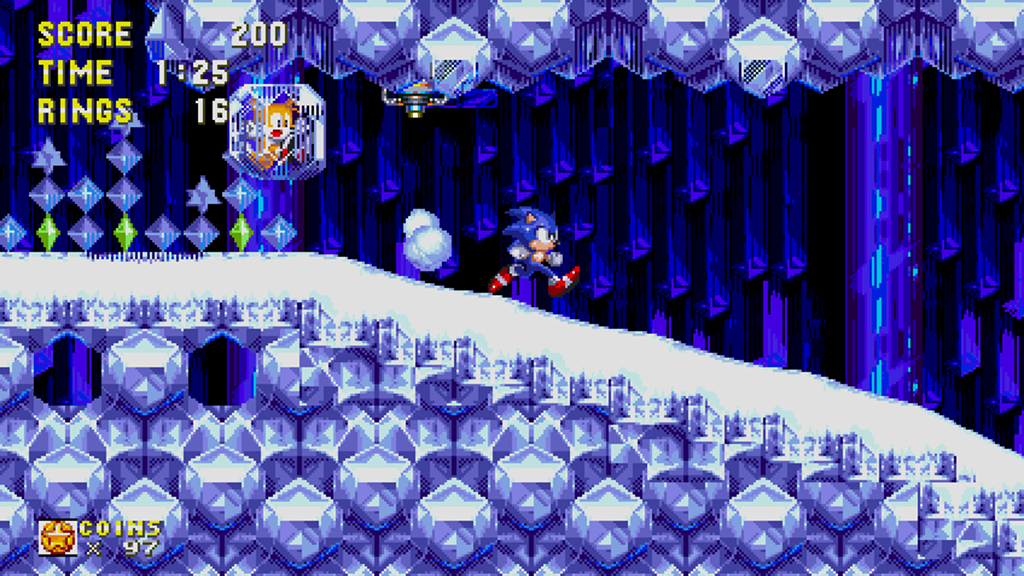 Sonic a blue hedgehog and Tails a fox run through a blue ice cave