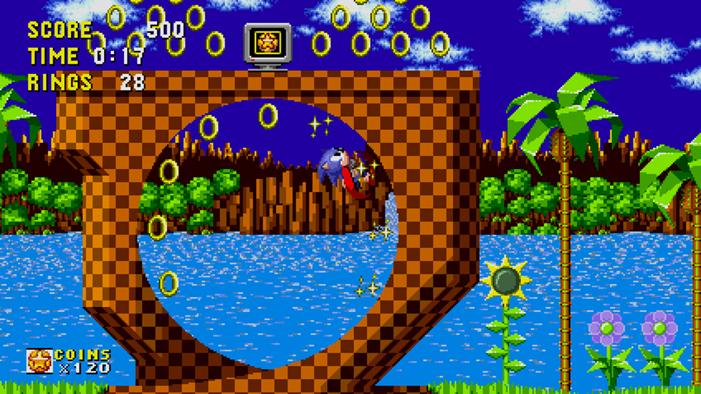 Sonic a blue hedgehog runs around a ring collecting rings in the Green Hill zone