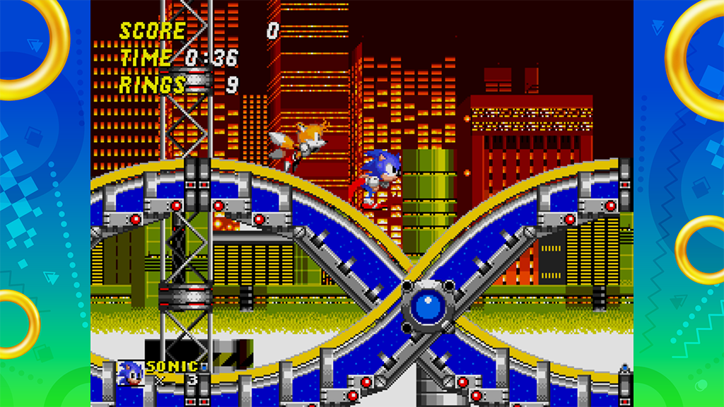 Sonic a blue hedgehog and Tails an orange fox run through the chemical plant zone in classic mode from Sonic The Hedgehog 2.