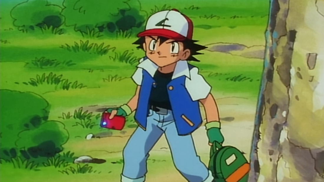 Ash Ketchup holding a Pokédex in the anime series