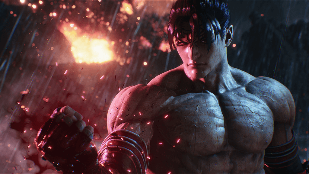 An extremely muscley fighter from Tekken 8 looks intense, holding up a clenched fist