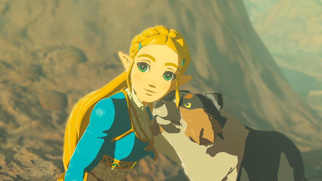 Zelda from The Legend of Zelda Breath of the Wild and a dog