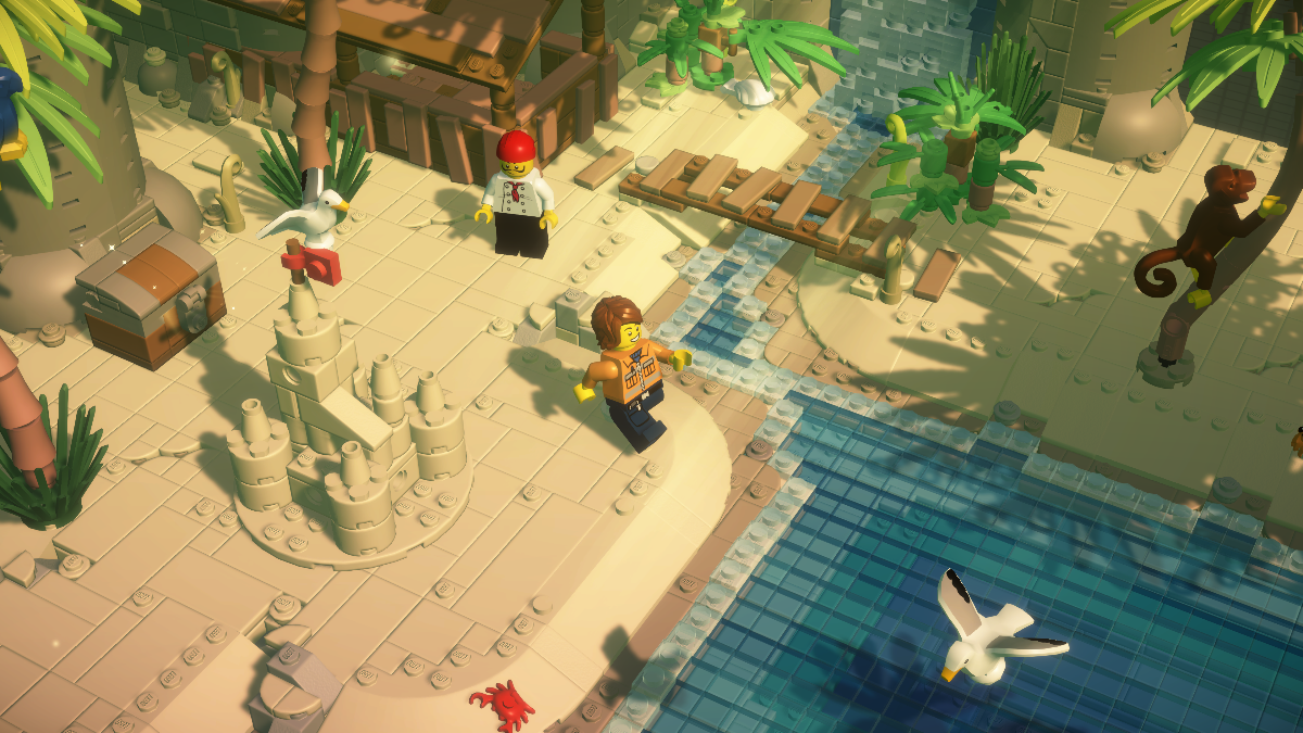 LEGO character exploring a beach with a monkey and a bird