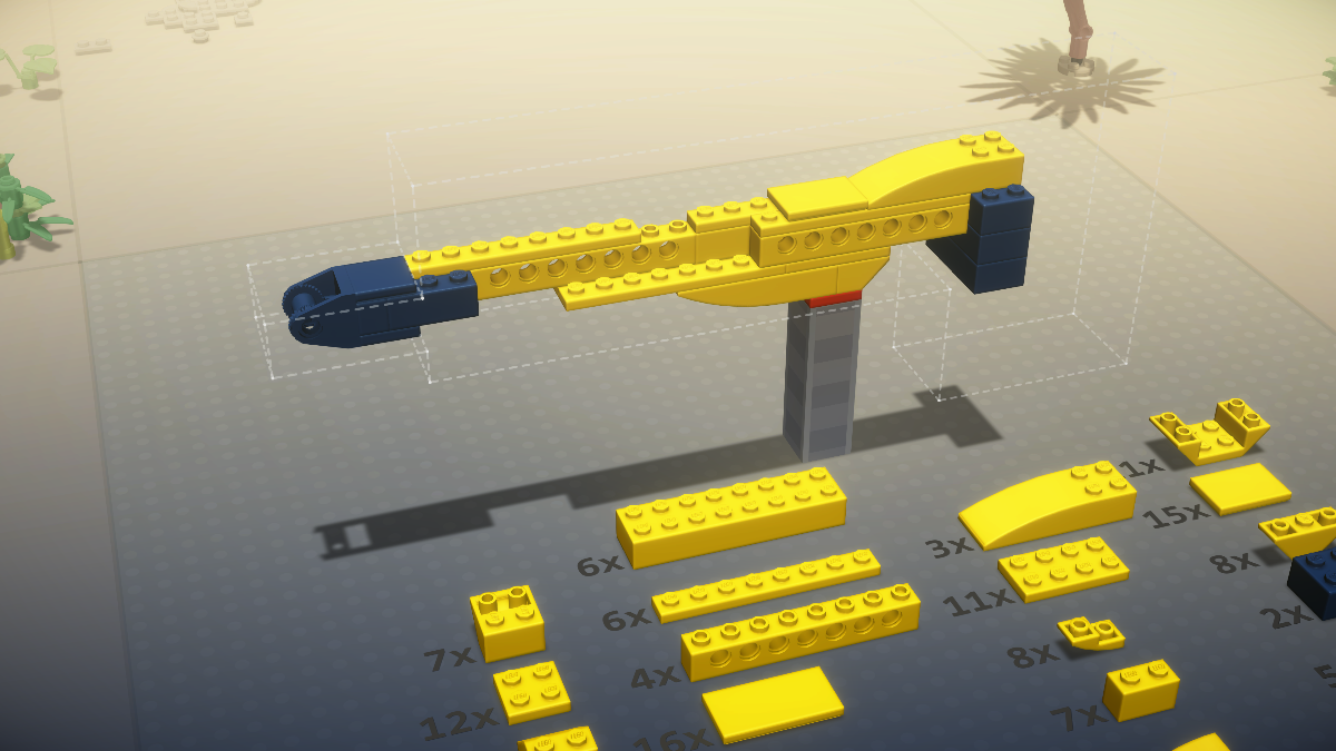 Build screen showing a yellow part of a plane or car in LEGO bricks